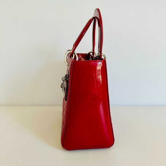 CHRISTIAN DIOR TWO-WAY LADY DIOR PATENT LEATHER TOTE SHOULDER BAG RED - Picture 4 of 16